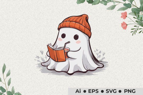 Halloween Ghost Read Book Drink Coffee Graphics